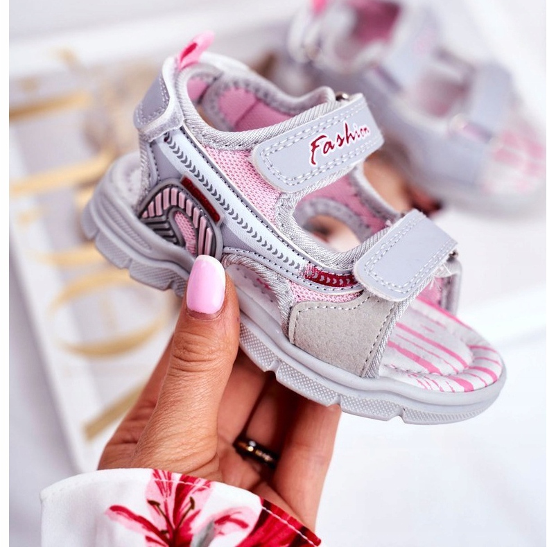 PL1 Sandales Enfant avec Velcro Gris Grobino rose 1