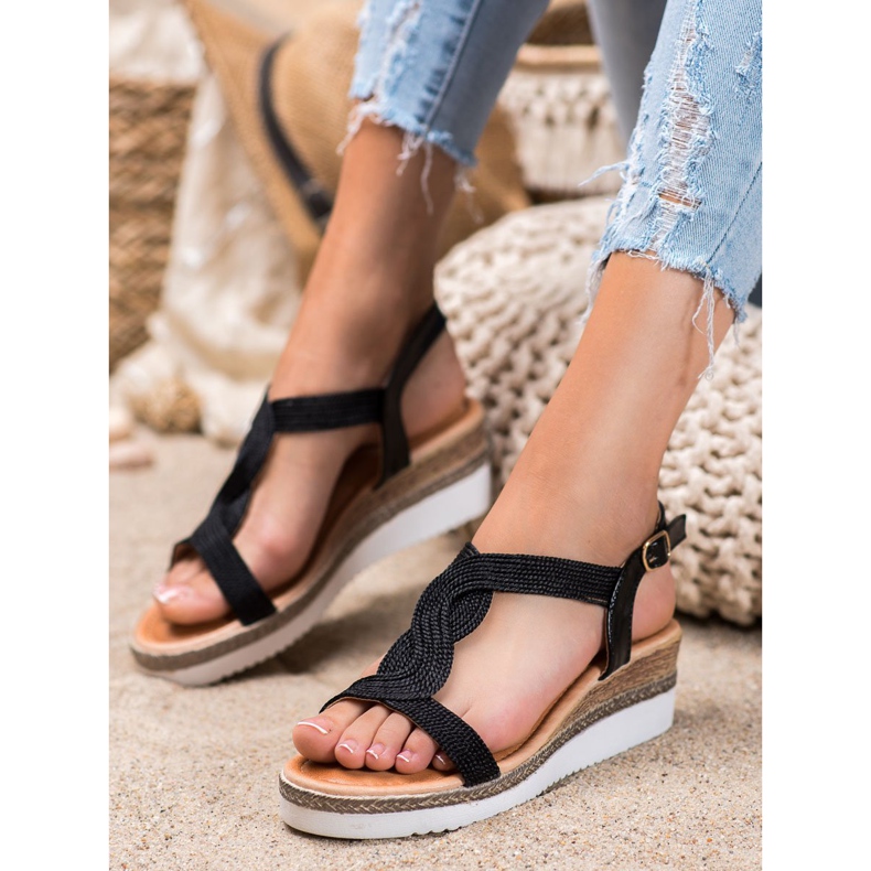 Diamantique Sandales compensées en textile noir 1