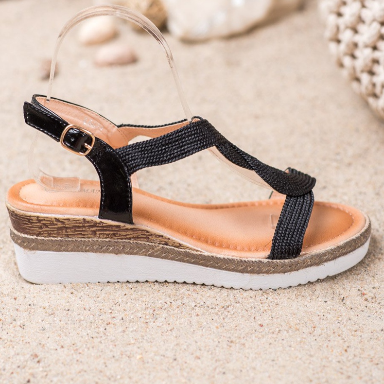 Diamantique Sandales compensées en textile noir 2