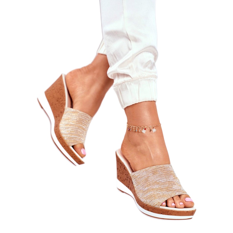 Chaussons Femme Sur Compensée Sergio Leone Beige SK320 d'or 4