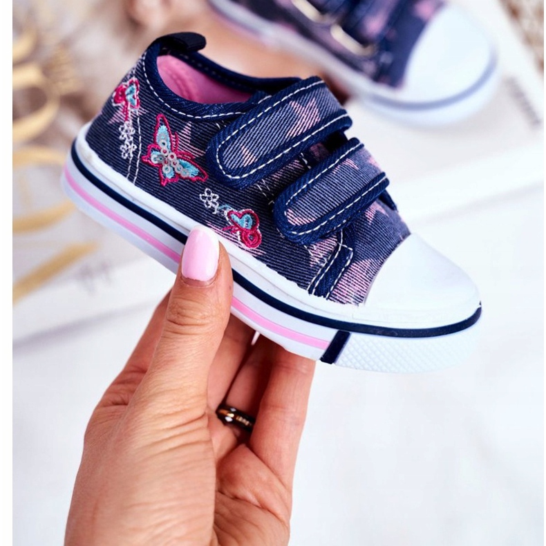 Le Scarpe Baskets Enfant Bleu Marine Junalo Velcro rose 2