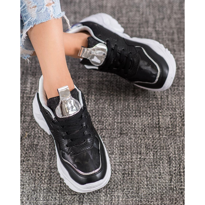 SHELOVET Baskets en cuir écologique noir gris 1