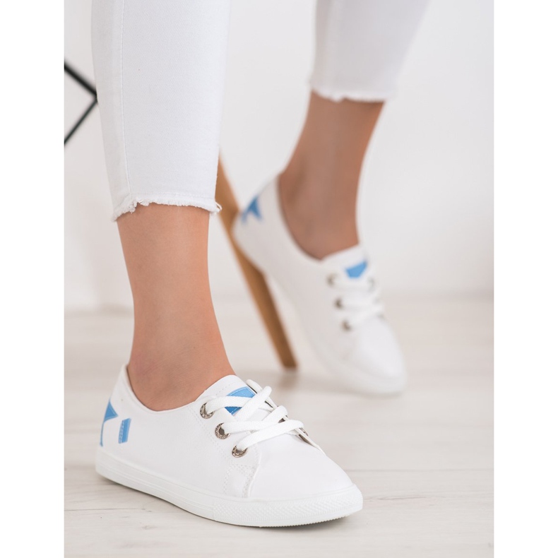 Weide Baskets blanches avec cuir écologique bleu 1