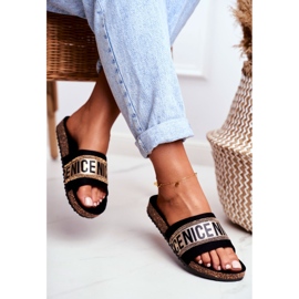 EVE Chaussons Femme Noir Sur Liège BeNice Or Strass jaune 2