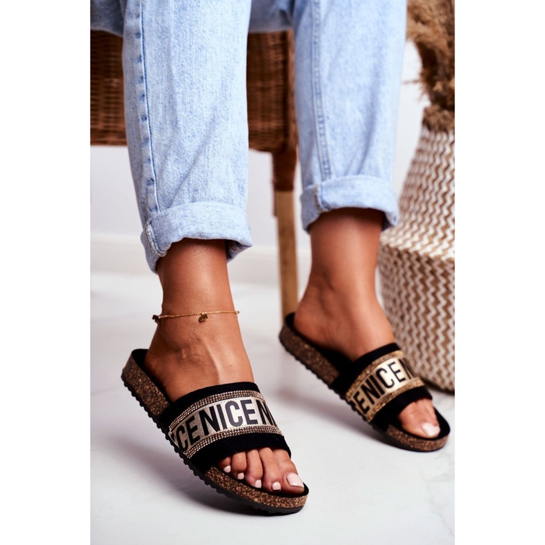 EVE Chaussons Femme Noir Sur Liège BeNice Or Strass le noir jaune 1