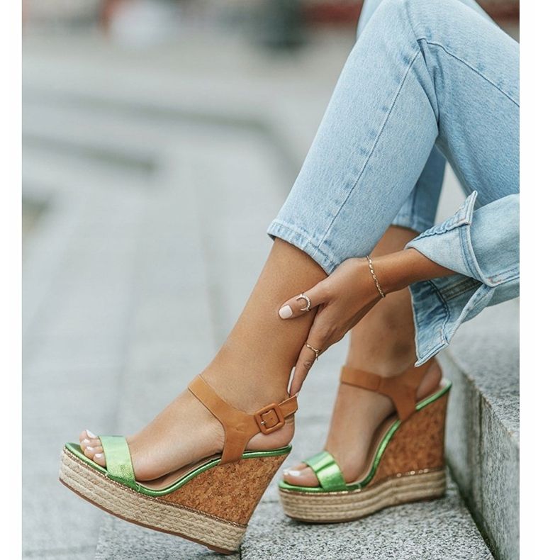 Sandales compensées espadrilles vertes VB76063 beige 2