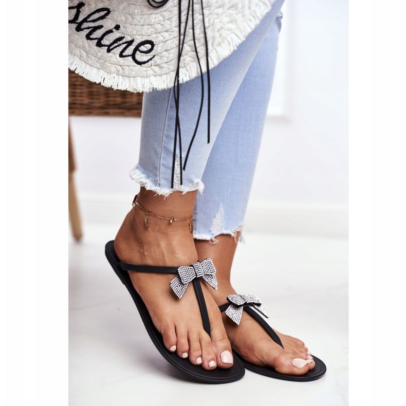 LU BOO Pantoufles en caoutchouc pour femmes Tongs noires Bows Georgia le noir 2