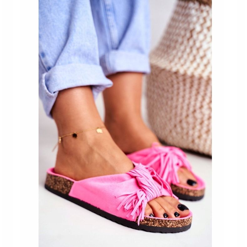 BUGO Tongs Rose Fluo Femme Sur Cork Fringe Marina 1