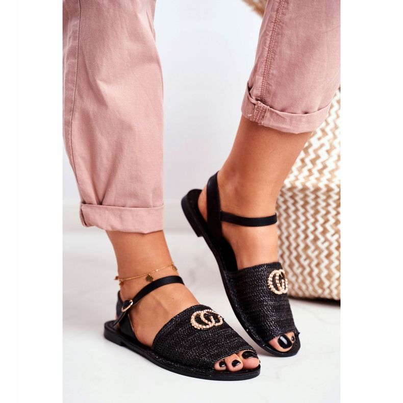 Sandales plates noires pour femmes Lu Boo Tressé Felicia 2