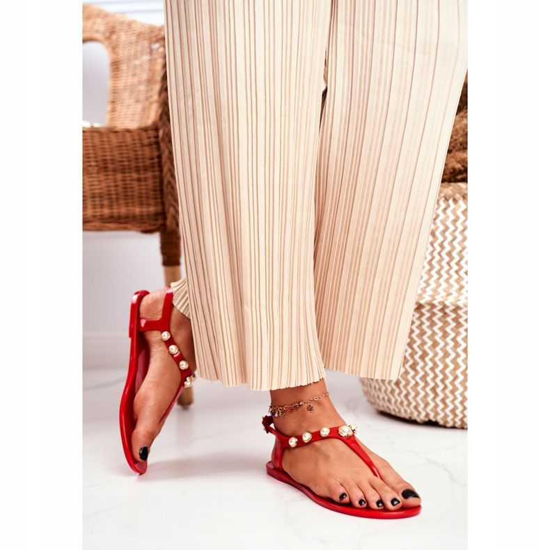 LU BOO Sandales Caoutchouc Femme Tongs Rouges Perles Denise 2 LU BOO Sandales Caoutchouc Femme Tongs Rouges Perles Denise 2