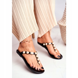 LU BOO Pantoufles Caoutchouc Femme Tongs Noires Edith Pearls 1