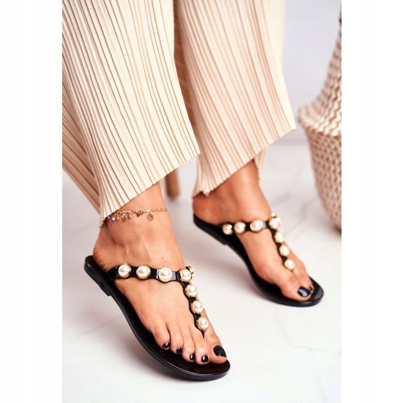 LU BOO Pantoufles Caoutchouc Femme Tongs Noires Edith Pearls 1