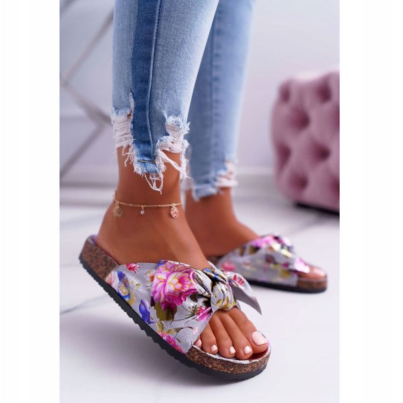 PS1 Chaussons pour femmes gris sur fleurs de liège Wendy's Bow rose 2