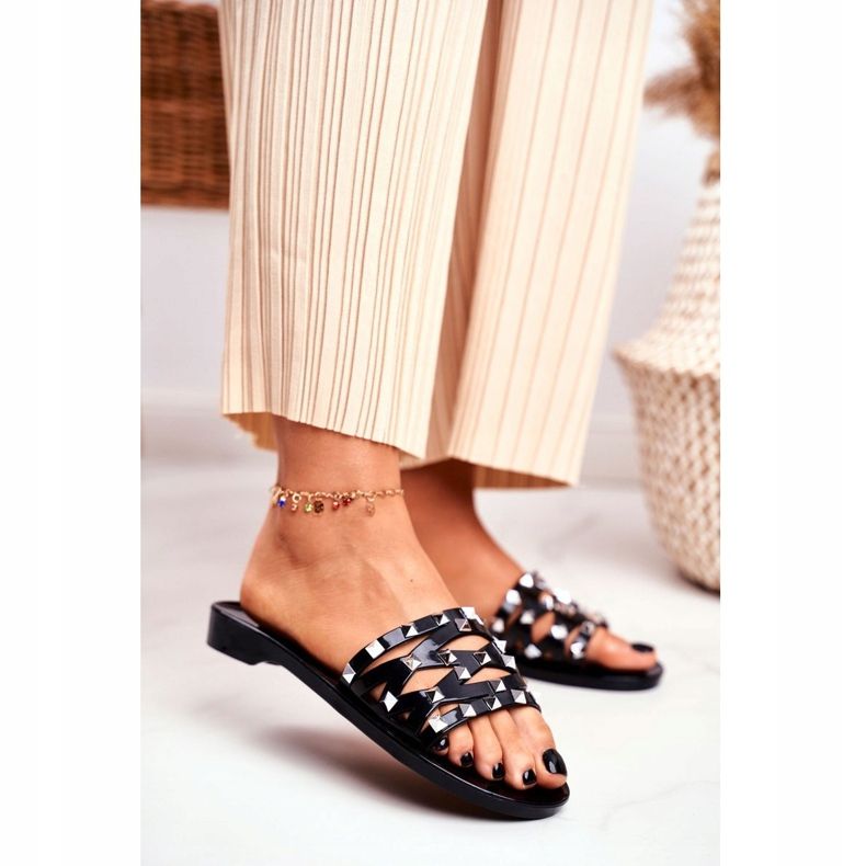 LU BOO Pantoufles noires pour femmes en caoutchouc Patty Studs le noir 1