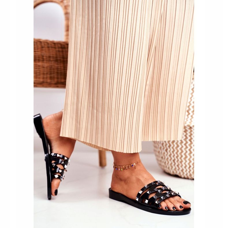 LU BOO Pantoufles noires pour femmes en caoutchouc Patty Studs 2