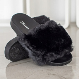 Bona Tongs à la mode avec fourrure le noir 1