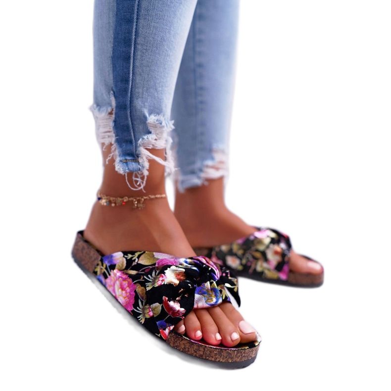 SEA Pantoufles noires pour femmes sur fleurs de liège Wendy's Bow le noir violet rose d'or 1