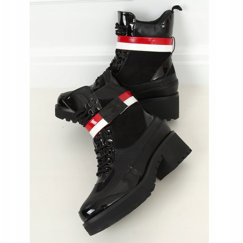 Bottines noires à lacets pour femmes NS086 Noir blanc rouge 2