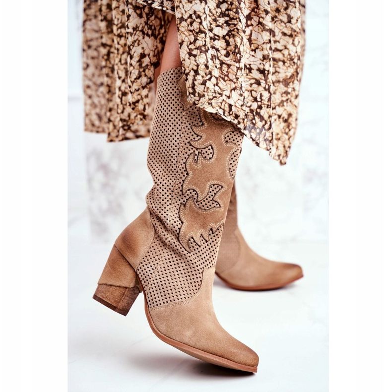 Exquisite Bottines Femme à talon haut Cuir Beige Romarin 1