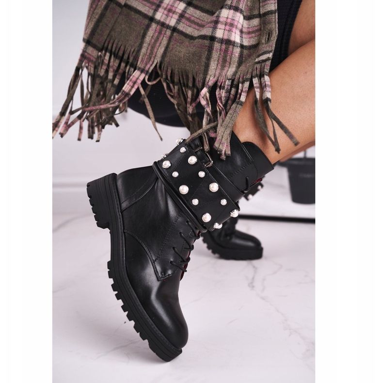 FE1 Bottes Plates Hautes pour Femmes Noir avec Perles Mishigan 1