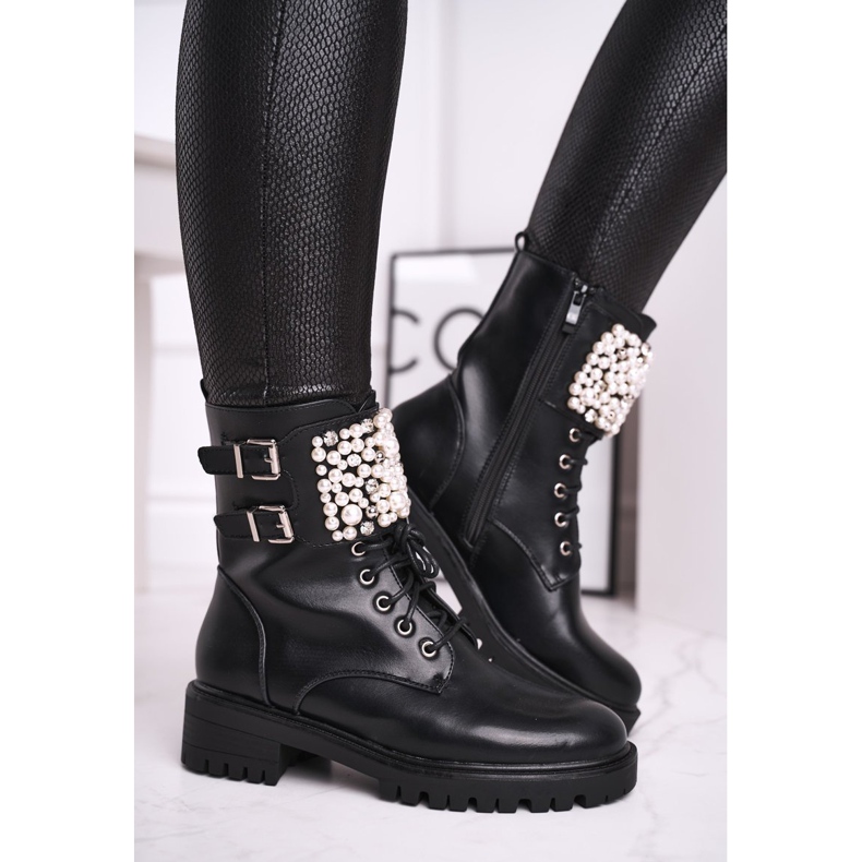 Marquiiz Bottines Femme à Talon Plat Noir Militaire Bemmer 2