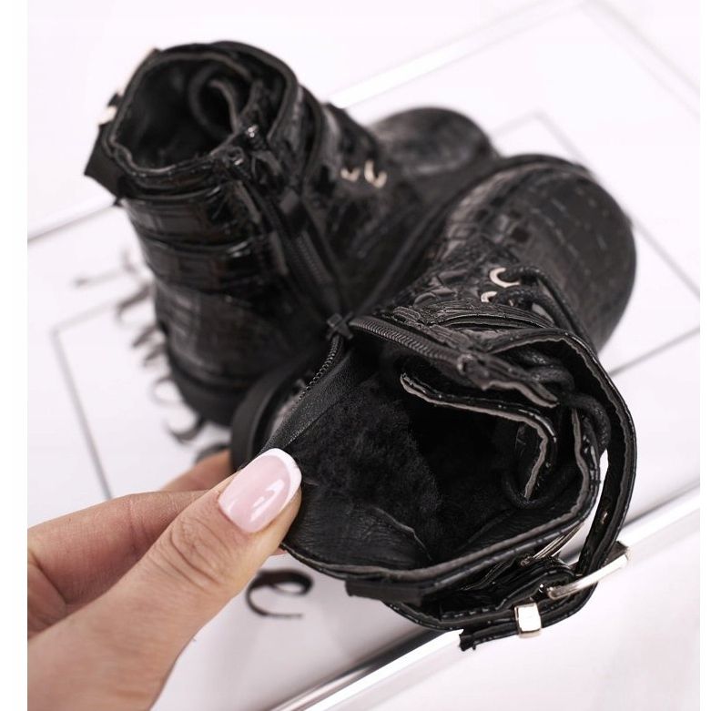 FRROCK Bottines Enfant Chauffées De Fourrure, Laquées Noir Valentina 1