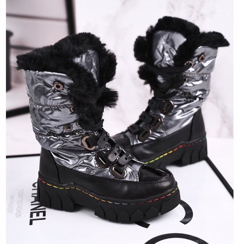 Apawwa Bottes de Neige Enfant Isolées Avec Fourrure Noir et Gris Turismo 2