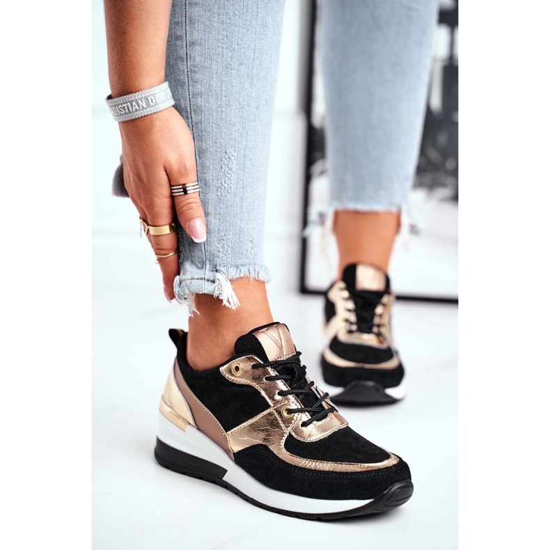 Vinceza Chaussures de sport pour femmes en cuir noir et or 21-7777 1