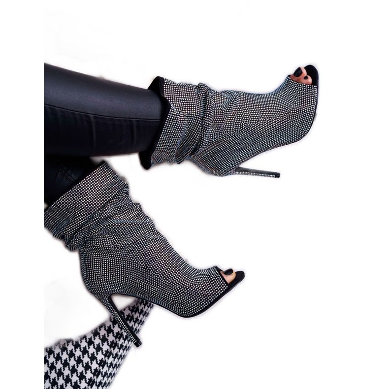 Bottes Pour Femmes À Talons Hauts Lu Boo Strass Bandes Noires argent 3