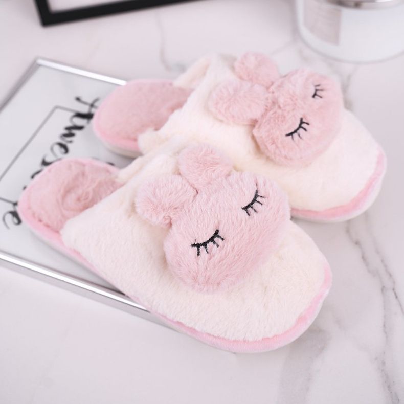 Chaussons femme fourrure, fourrure lapin blanc et rose 1