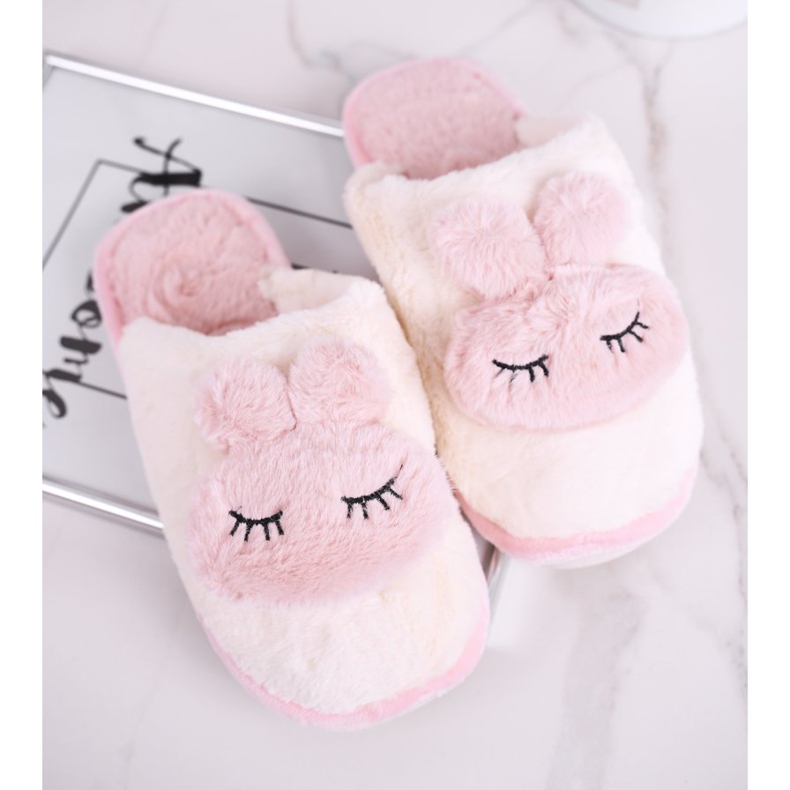 Chaussons femme fourrure, fourrure lapin blanc et rose 2