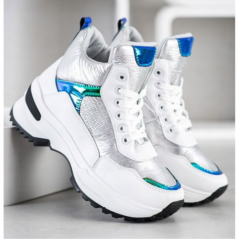 Ideal Shoes Baskets montantes en cuir écologique blanc argent 1