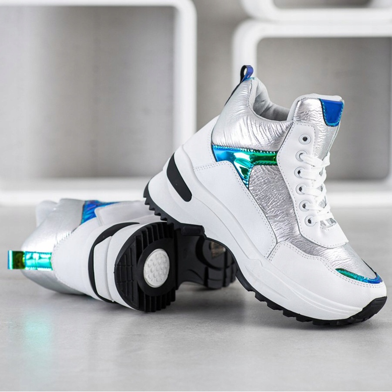 Ideal Shoes Baskets montantes en cuir écologique blanche argent 2