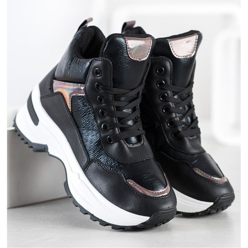 Ideal Shoes Baskets montantes en cuir écologique le noir rose 1