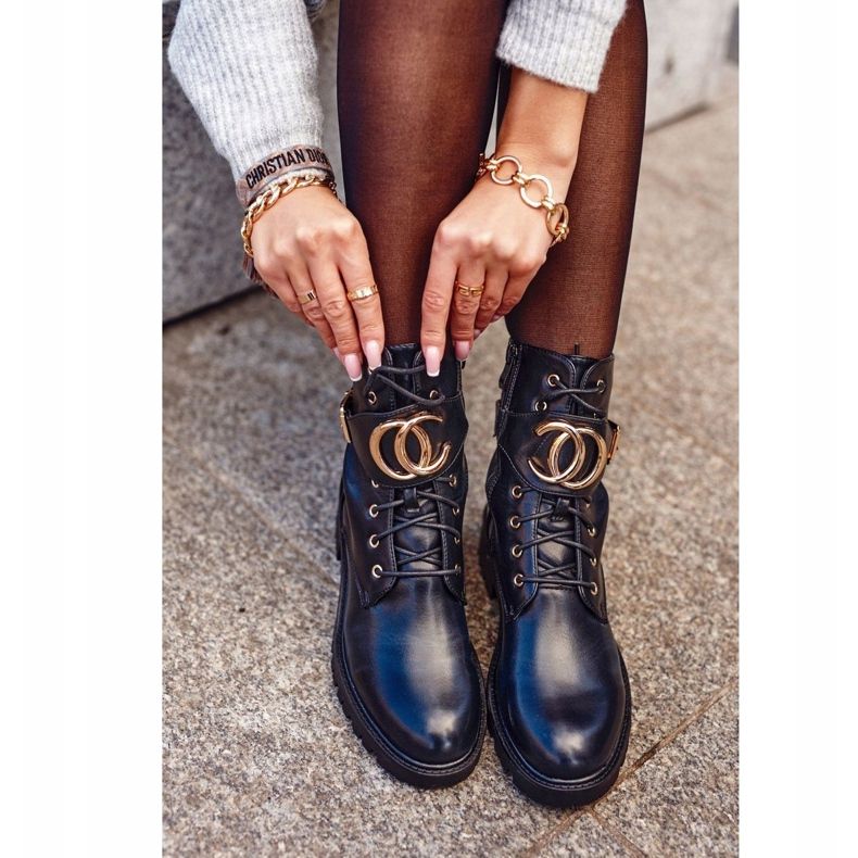 PS1 Bottines Femme à Lacets Workers Noir Or 1