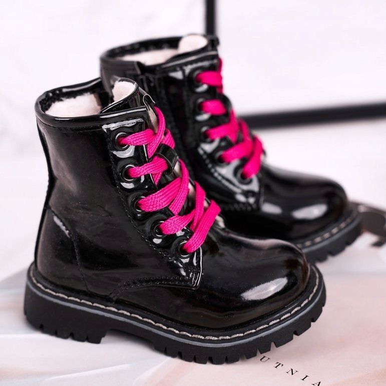 Bottines Enfant Chauffées De Fourrure, Pinkie Noir Laqué 1