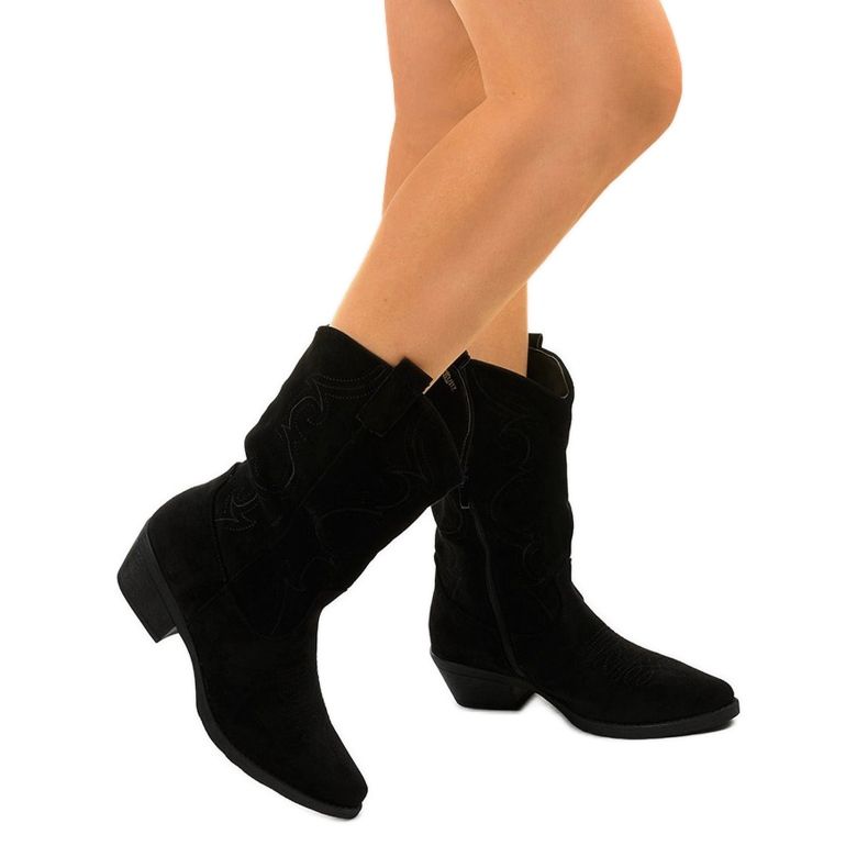 Bottes de cowboy en daim noir avec une fermeture éclair aelynna le noir 1
