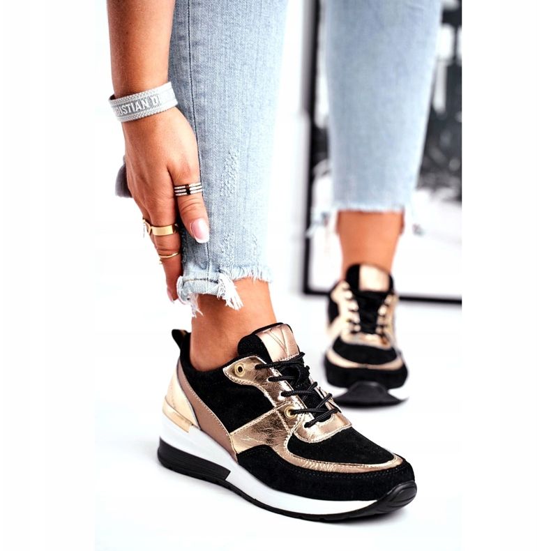 Vinceza Chaussures de sport pour femmes en cuir noir et or 21-7777 doré 1