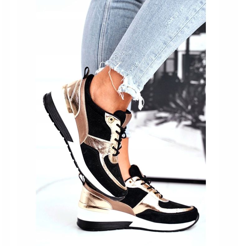 Vinceza Chaussures de sport pour femmes en cuir noir et or 21-7777 doré 2