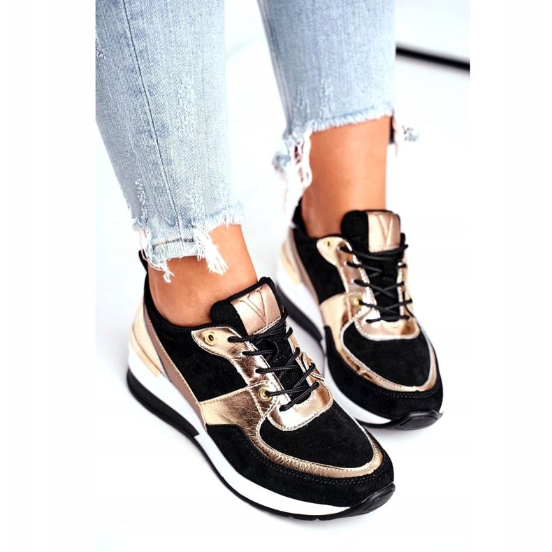 Vinceza Chaussures de sport pour femmes en cuir noir et or 21-7777 doré 4