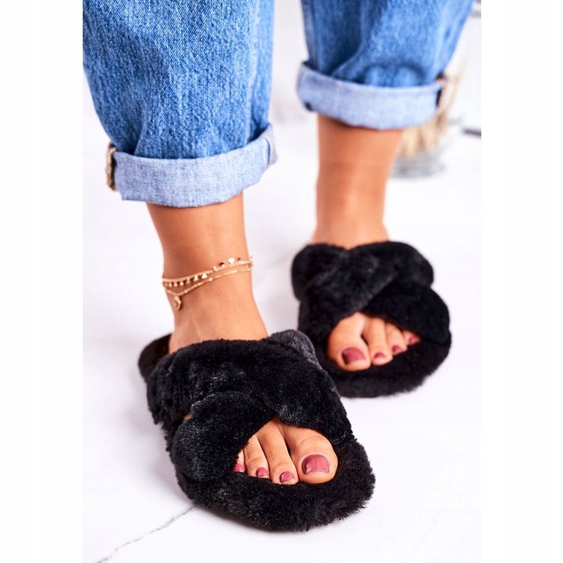 FRJ Pantoufles Fourrures Noires Pour Femmes Cozy Time 2