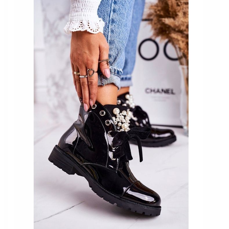 PS1 Bottines chaudes femme avec perles et ruban, laquées Perla le noir 1