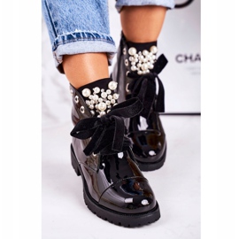 PS1 Bottines chaudes femme avec perles et ruban, laquées Perla noir 2