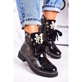 PS1 Bottines chaudes femme avec perles, jets et ruban, vernis Perla le noir 1 PS1 Bottines chaudes femme avec perles, jets et ruban, vernis Perla le noir 1