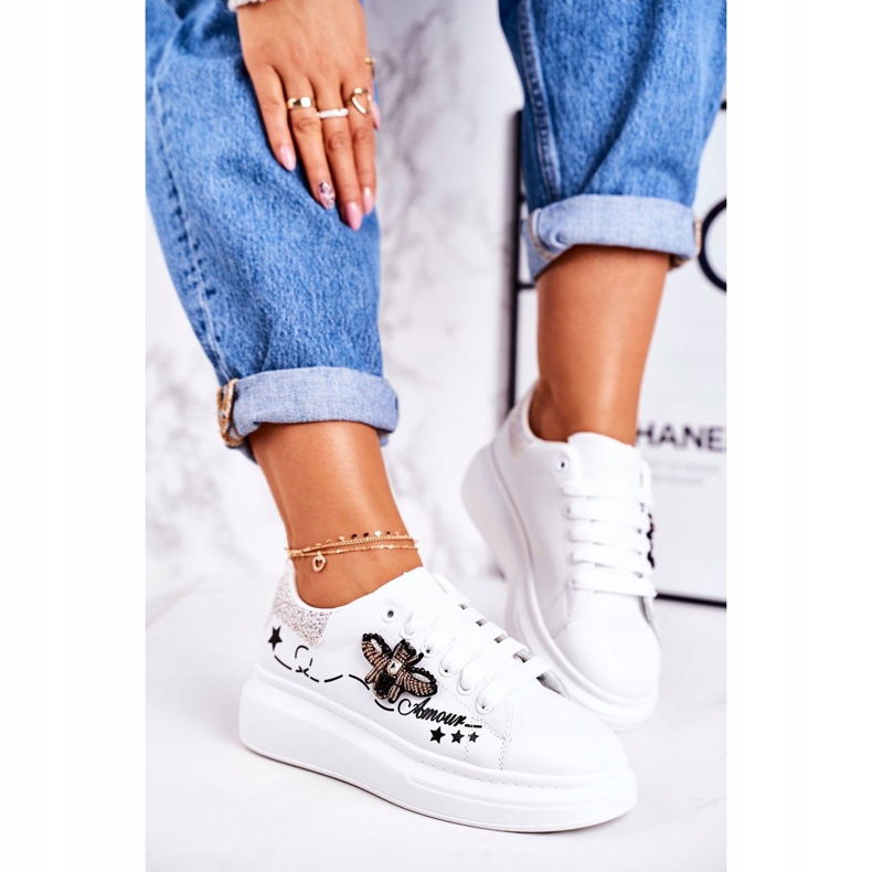 Chaussures De Sport Pour Femmes Baskets Avec Mouche Blanc Argent Amour blanche 2