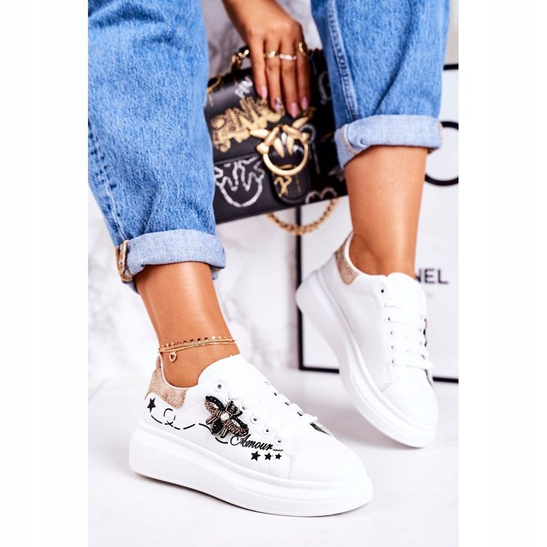 Chaussures De Sport Femme Baskets Avec Mouche Blanche Doré Amour 2
