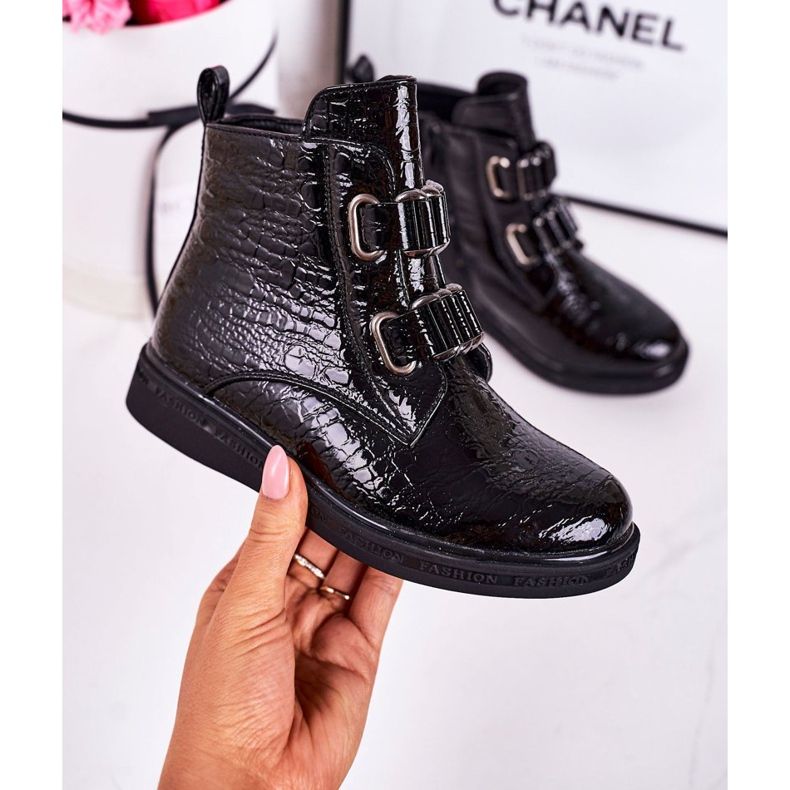 PL1 Bottines Chaudes Enfant Laquées Noir Motif Animal Maya 2