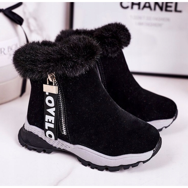 Linshi Bottes de neige chaudes pour enfants avec fourrure noir Love-Love 1