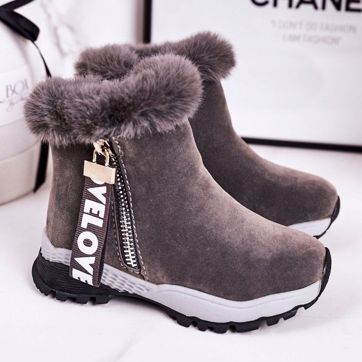 Linshi Bottes de neige chaudes pour enfants avec fourrure Gris Love-Love 1