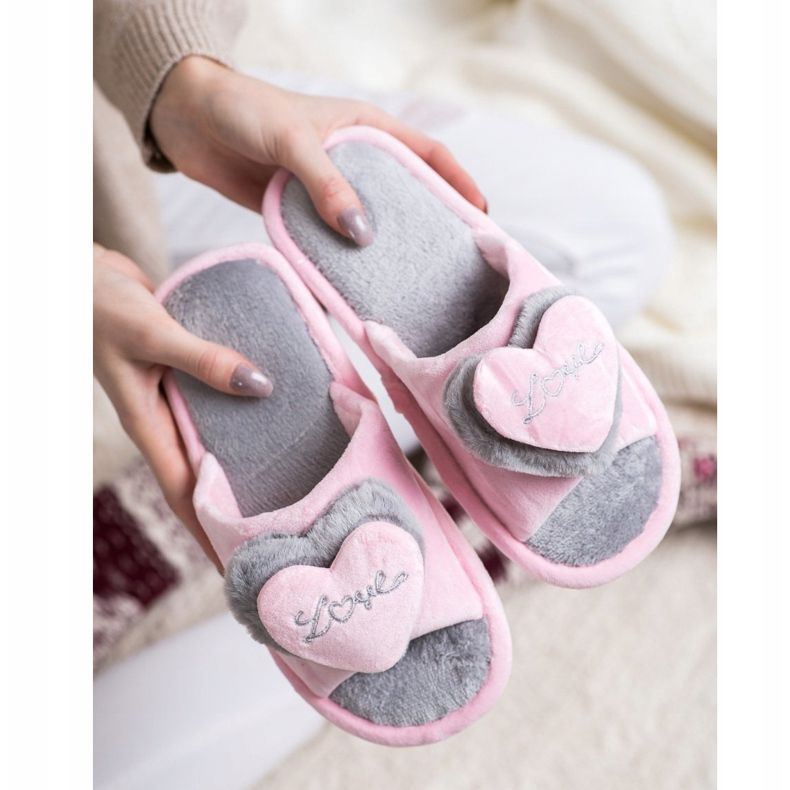 Bona Chaussons Chauds Avec Un Coeur rose gris 2